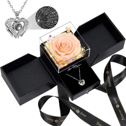 FIACO Regalos de rosas para el día de San Valentín para ella, flores reales preservadas con collar "I Love You", flores frescas para siempre,
