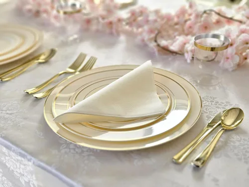 Vista 7 de Platos de plástico desechables Occasions para fiestas de boda (120 unidades), dorado, marfil, (Ivory / Gold Rim)