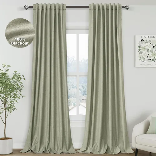 Vista 66 de Cortinas de lino verde aguamarina de 102 pulgadas de largo con pestaña trasera, bolsillo para barra, cortinas de lino opacas que absorben el sonido