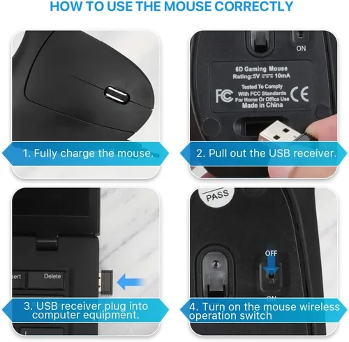 Vista 6 de Ratón inalámbrico ergonómico único recargable óptico vertical, 2.4G 5.0 ratón Bluetooth ergonómico con 6 botones, ratón inalámbrico 800/1200/1600