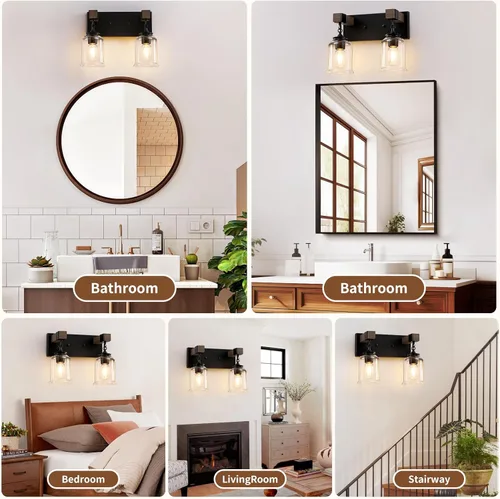 Vista 7 de Accesorios de Iluminación para Baño Estilo Granja, Lámpara de Tocador para Baño de 2 Luces Negro Mate, Estilo Industrial con Pantallas de Vidrio