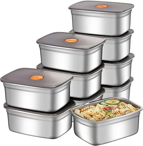 Vista 10 de GIUOIDUO Paquete de 10 recipientes de almacenamiento de alimentos de acero inoxidable con tapas a prueba de fugas, cajas de almuerzo reutilizables