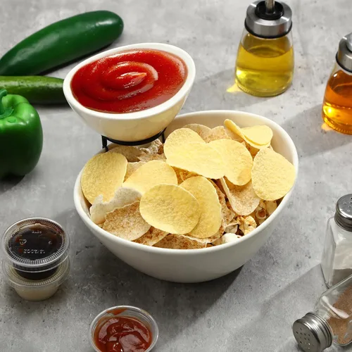 Vista 4 de Juego de 2 platos para servir chips y salsas de 2 niveles, plato de porcelana para aperitivos y platos con soporte para alimentos, tacos, bar