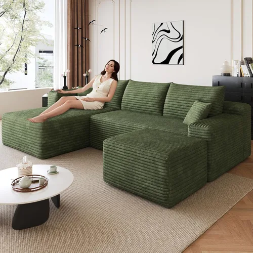 Vista 44 de Sofá modular de 95 pulgadas con otomana, moderno sofá nube de pana con asiento profundo, sofá sin hueso tapizado de 3 plazas en forma de U para sala