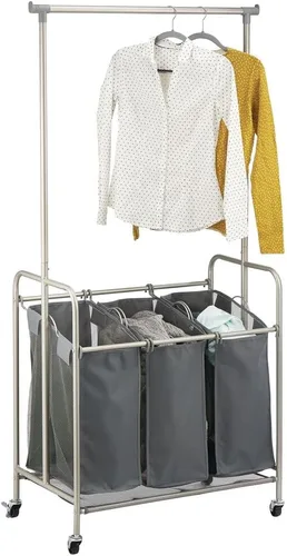 mDesign Clasificador de ropa portátil con ruedas y barra para colgar ropa, sistema de carrito de metal resistente con 3 cestas organizadoras de
