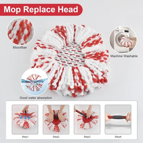 Vista 4 de Juego de cabezales de repuesto de fregona, mango y base compatible con repuestos de trapeador giratorio Ocedar EasyWring, 2 cabezales de microfibra