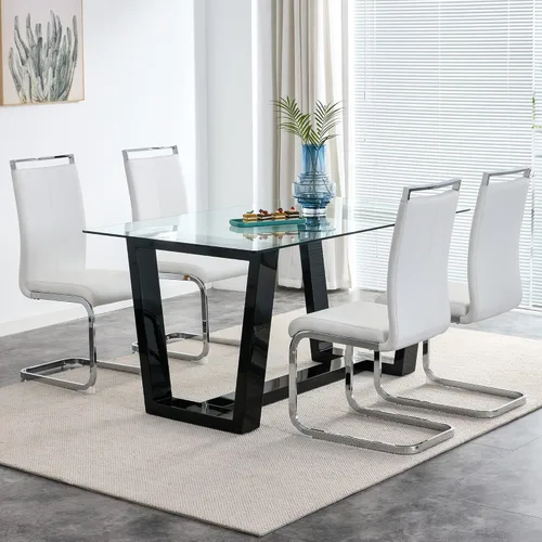 Vista 5 de Ebullient Mesa de comedor de cristal, mesa de comedor moderna, mesa de vidrio templado de 63 pulgadas con patas trapezoidales de MDF negras, mesa