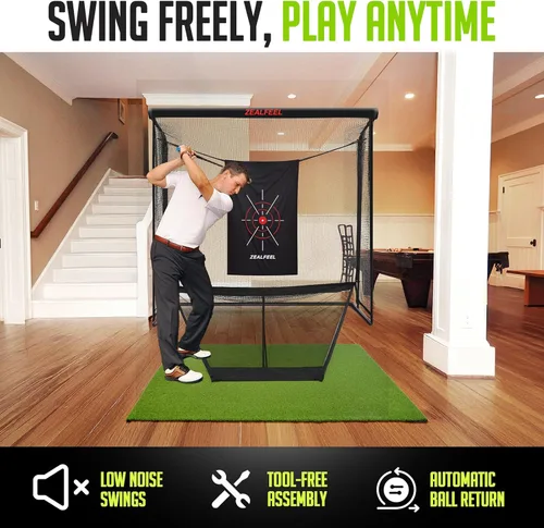 Vista 6 de Zealfeel Golf Net, 10x7ft/8x8ft Golf Enclosure Net with Side Barriers/Auto-Ball Return, Low-Noise Target, Carry Bag, 4 Stakes, Hitting Practice Net