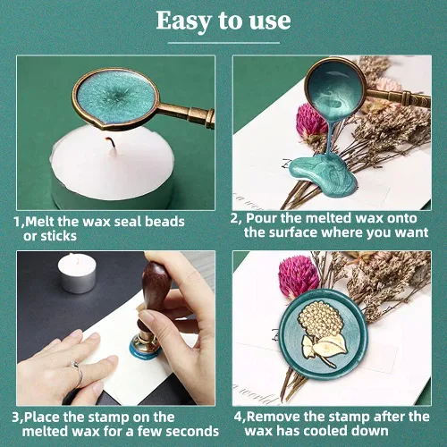 Vista 5 de Juego de sellos de cera para plantas con 6 cabezales de latón extraíbles y 1 mango de madera, sellos de cera retro para decoración de sobres