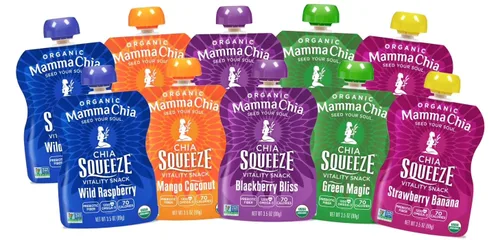 Mamma Chia Exprime 5 variedades (paquete de 10) Frambuesa salvaje, magia verde, felicidad de mora, fresa, coco y mango
