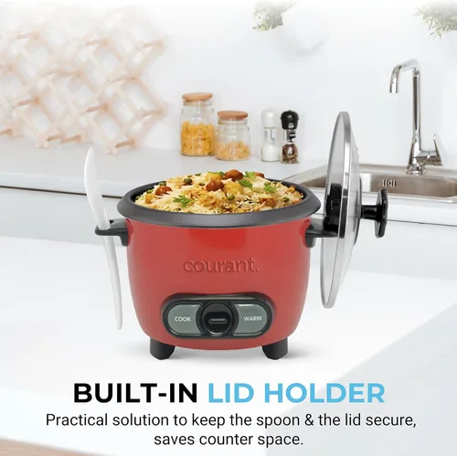 Vista 2 de Courant Arrocera de 6 tazas (cocida), recipiente antiadherente extraíble, olla arrocera de un solo toque, rojo