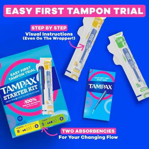 Vista 5 de Tampax Kit de iniciación multipaquete, con trenza LeakGuard, absorción regular/super, prueba fácil de primer tampón, sin perfume, 12