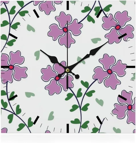 Leaves Small Pink Flowers Battery Operated Clock Wall Clocks Battery Operated Square Painting Wall Clock Clocks Garage for Kitchen Bathroom Bedroom