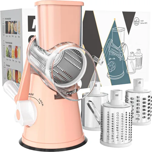 Vista 9 de Cambom Kitchen - Rallador de queso giratorio para queso, manual de cocina con mango, cortador de verduras, nueces, 3 cuchillas de tambor