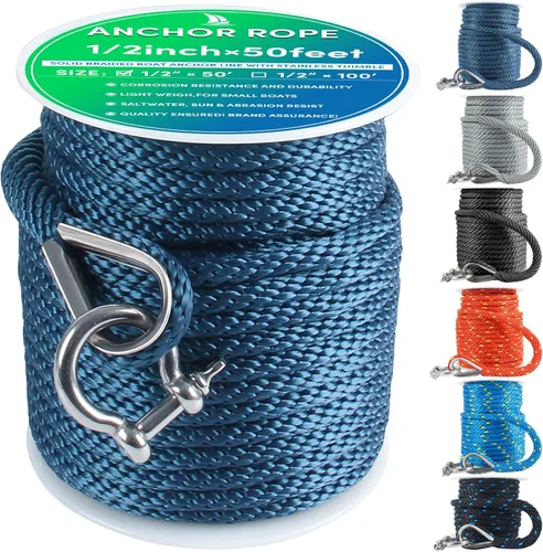 Vista 15 de Cuerda de anclaje prémium de 100 pies x 3/8 pulgadas, cuerda de anclaje MFP maciza con dedal y grillete, color naranja/amarillo