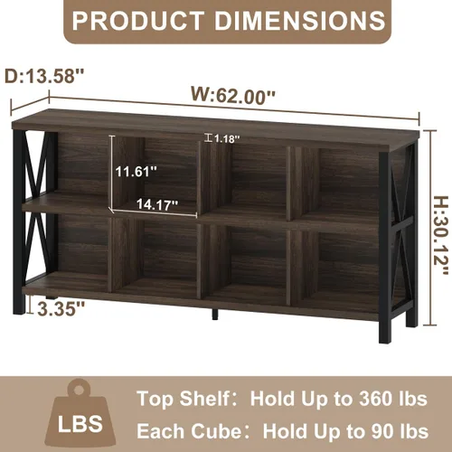 Vista 3 de FATORRI Estantería organizadora de almacenamiento de 8 cubos, estantería de madera rústica, estante horizontal industrial para sala de estar, Nogal