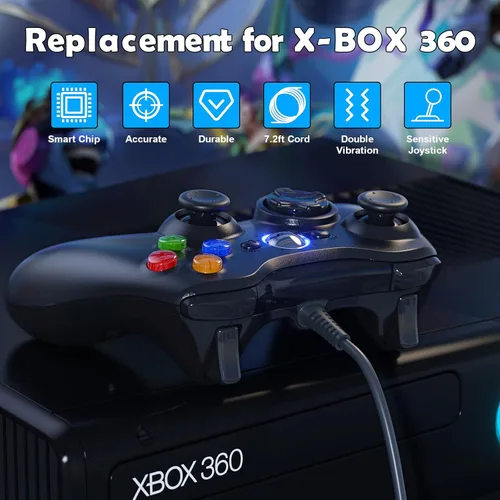 Vista 4 de Dinosoo 2 Pack Replacement for Xbox 360 Controller Wired, PC Controller Compatible with Microsoft Xbox 360 & Slim/PC, with Upgraded Joystick, Double