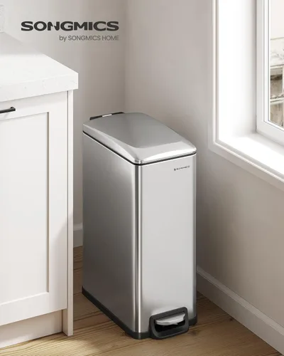 Vista 2 de SONGMICS Bote de basura delgado, 13 galones (50 L) Bote de basura para espacios estrechos con tapa de cierre suave, cubo interior y pedal de pie