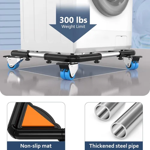 Vista 4 de SPACECARE Rodillo móvil con 8 ruedas de bloqueo, soporte ajustable para lavadora, base de refrigerador, capacidad de 500 libras, color negro
