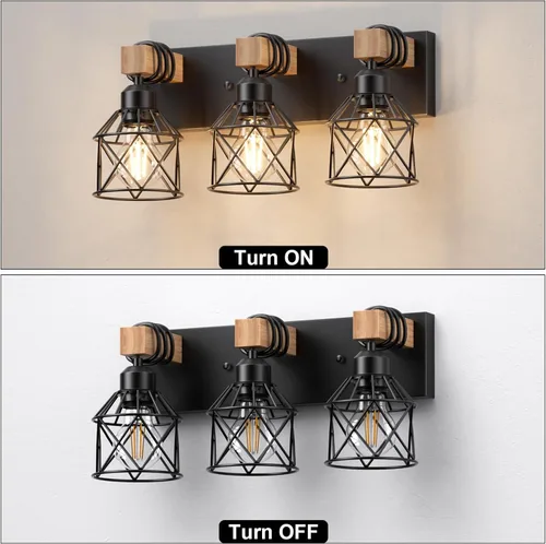 Vista 3 de Luz de tocador de granja para baño, accesorios de luz de tocador de madera de 3 luces sobre espejo, aplique de pared rústico negro con pantalla