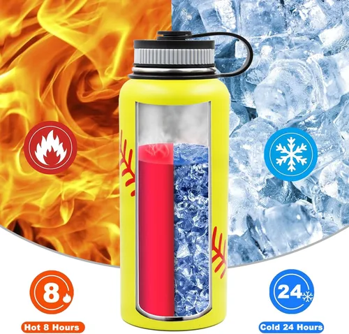 Vista 4 de Botella de agua de softbol de 32 onzas, botella deportiva de boca ancha, vaso de viaje de metal con 2 tapas, acero inoxidable de doble pared aislada