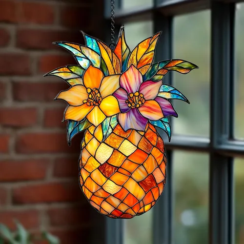 Tropical Pineapple Blossoms Acrylic Suncatcher - Faux Handmade Stained Glass Window Hanging Ornament for Display, Home Decor & Gift Idea for