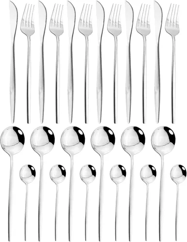 Vista 15 de JASHII Juego de cubiertos de acero inoxidable chapado en titanio de 24 piezas, 24 cubiertos negros, cubiertos para 6 (brillante)