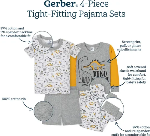 Vista 8 de Gerber Baby Boys' Toddler Snug Fit 4-Piece Pajama Set