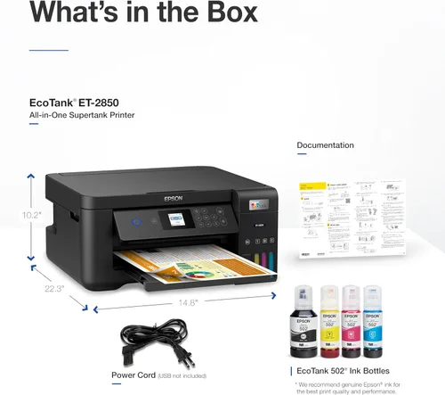 Vista 6 de Epson EcoTank ET-2850 Impresora Supertank inalámbrica a color todo en uno sin cartuchos con escaneo, copia e impresión automática de 2 caras
