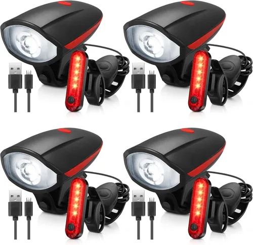 Hanaive Juego de 4 luces LED brillantes para bicicleta, recargable por USB, faros delanteros y traseros, impermeables, accesorios de ciclismo para