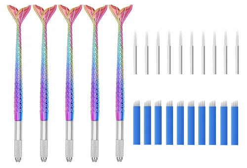 Vista 7 de XIAOYU 5 bolígrafos de microblading manuales de sirena, maquillaje permanente, hechos a mano, suministros con 10 agujas redondas y 10 agujas