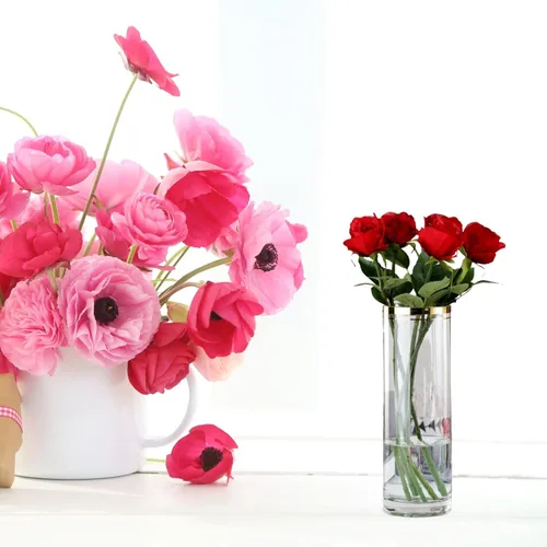 Vista 5 de Jarrones altos para flores, centros de mesa, decoración de boda, sala de estar, regalo, florero cilíndrico de vidrio transparente, chapado en oro