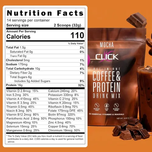 Vista 2 de CLICK Proteína de Café, Proteína y Café Real Todo en Uno, Bebida Nutricional de Reemplazo de Comida, Sabor Mocha, 23 Vitaminas Esenciales, Café