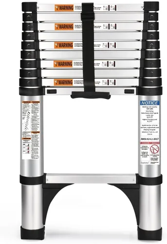 Vista 14 de Escalera telescópica Soctone de 8.5 pies, escalera de extensión de aluminio con retracción y 2 estabilizadores triangulares, escalera multiusos