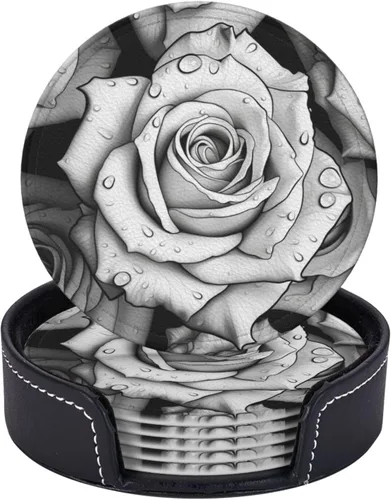 Vista 5 de Black White Rose Print 6 Pcs Round Coasters Leather Waterproof Drink Coasters Mugs Mat Pad with Holder for Living Room Kitchen Bar 3.9 Inch