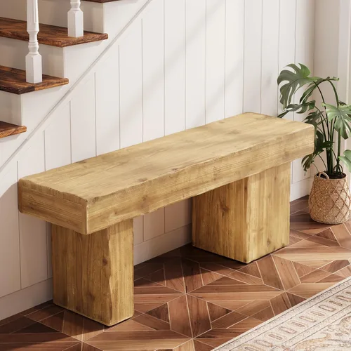 Vista 5 de Banco de Madera Maciza Engrosada, Banco de Entrada Rústico Estilo Granja de 47", con Patas Artísticas, Banco de Comedor de Servicio Pesado