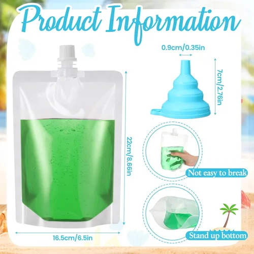 Vista 4 de Patelai Bolsa de plástico para líquidos, bolsas reutilizables para jugos, bolsa de agua de viaje, bolsas a prueba de fugas, a granel con embudo