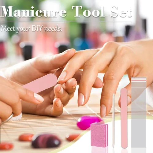 Vista 4 de Kit de manicura desechable, juego de 50 piezas, incluye mini pulidor de uñas, lima de uñas, palo de madera, bolsa de OPP, kit de herramientas