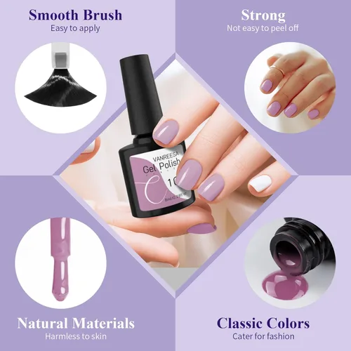 Vista 5 de Kit de esmalte de uñas de gel con luz UV, 10 colores, esmalte de uñas de gel, capa superior brillante y mate, kit de iniciación de VANREESA