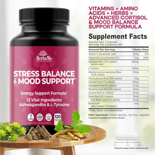 Vista 3 de HerbaMe Suplemento para controlar el cortisol y equilibrar el estado de ánimo con Ashwagandha y L-tirosina, 120 cápsulas, ayuda a mantener niveles