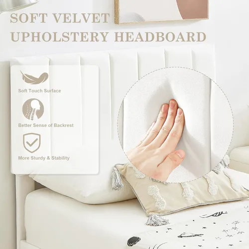 Vista 9 de Flolinda Base de cama tamaño King con cabecera tapizada de terciopelo ajustable y soporte de listones de madera, base de colchón tapizada, no Blanco
