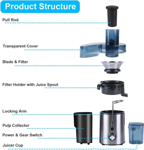 Vista 7 de Máquina exprimidora, extractor centrífugo de 800 W con boca ancha de 3 pulgadas, canal de alimentación para frutas y verduras, fácil de limpiar