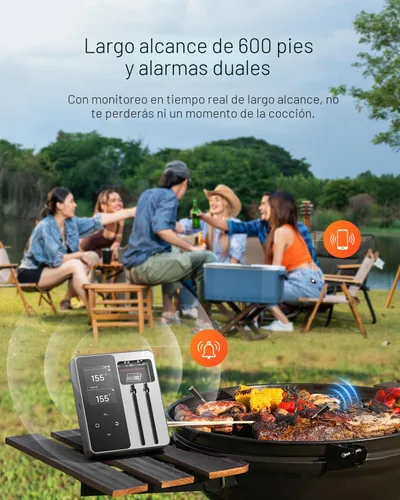 Vista 4 de Termómetro inalámbrico para carne con control por aplicación, alcance Bluetooth de 600 pies, dobles sondas y 6 sensores, lectura instantánea