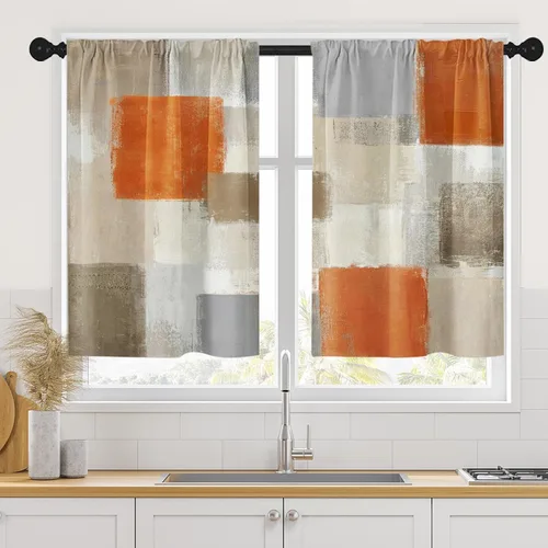 Vista 24 de Cortinas de Cocina Negro Gris de 63 Pulgadas de Largo Juego de Cortinas de Ventana Geométricas de 2, Cortina Gris Blanca para Dormitorio Sala