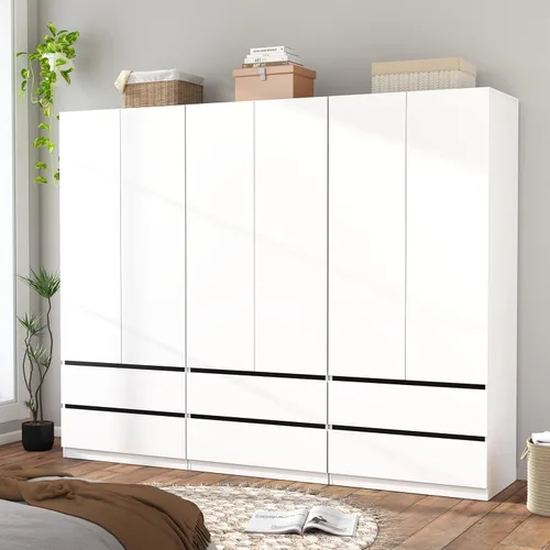 Armario con cajones: armario grande de 75 pulgadas con 6 puertas para colgar ropa, modernos armarios de madera con 6 cajones y almacenamiento