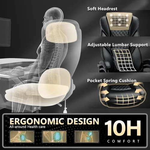 Vista 4 de Silla de oficina grande y alta de 600 libras con cojín de resorte de bolsillo, silla de escritorio ergonómica resistente para oficina ejecutiva