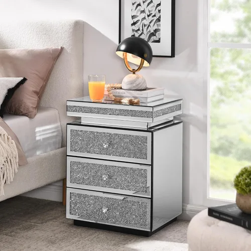 Vista 15 de HomVent Mesita de noche con espejo, mesa auxiliar con espejo, mesa de noche pequeña de cristal plateado para dormitorio, sala de estar