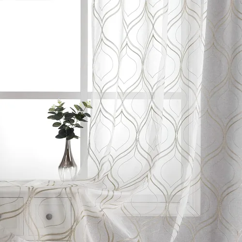 Vista 22 de VISIONTEX Cortinas traslúcidas blancas de 95 pulgadas de largo, juego de 2 paneles de cortinas beige marroquíes bordadas en enrejado, textura