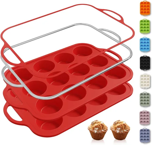 Vista 36 de 12 Tazas Molde para Muffins de Silicona con Marco Reforzado de Metal, Molde Regular para Cupcakes, Bandeja para Huevos, Moldos Circulares