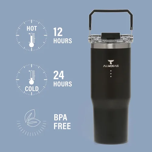 Vista 6 de Samsta - Vaso aislado confiable a prueba de fugas de 32 onzas con diseño de doble tapa, popote y asa, taza de viaje de acero inoxidable de doble